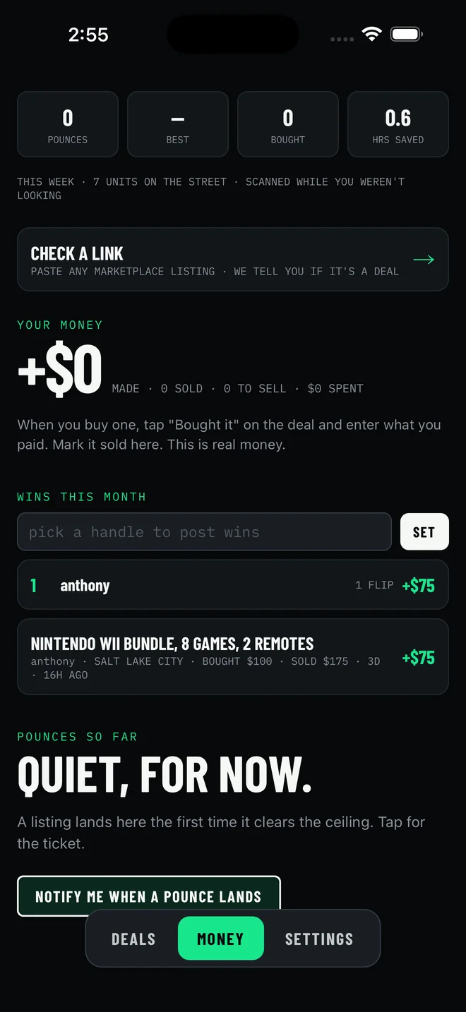Money: pounces, bought, sold, wins this month