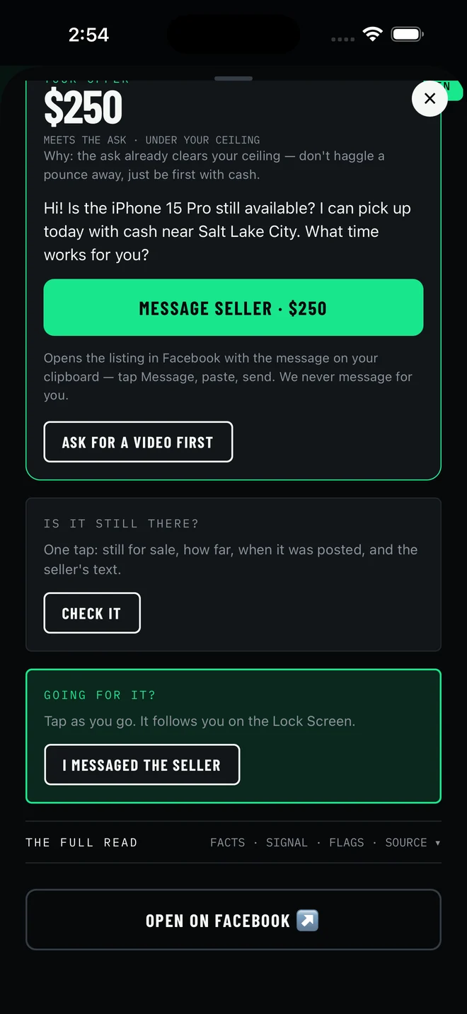 The offer: message seller at $250, ask for a video first
