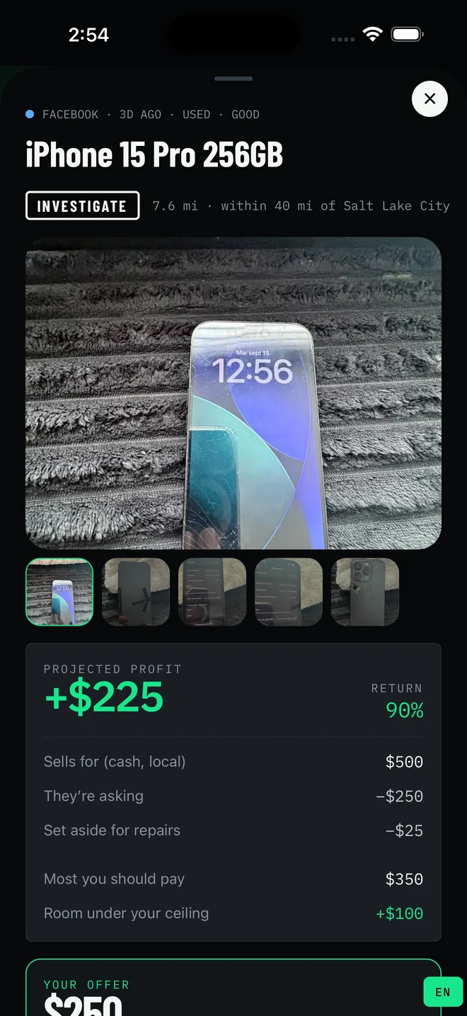 A deal ticket: photos, projected profit, the ceiling